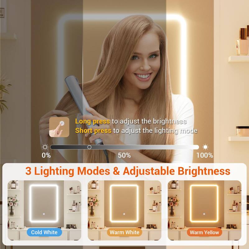 Long press to adjust the brightness  
Short press to adjust the lighting mode  

0% 50% 100%  

3 Lighting Modes & Adjustable Brightness  
Cold White  
Warm White  
Warm Yellow