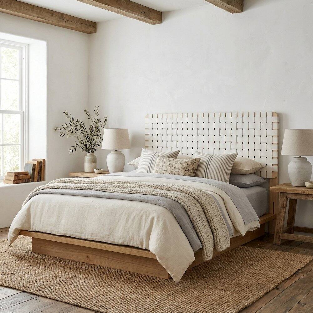 Angle. FurniFact - Vegan Leather Full Headboard with Woven Texture and Sturdy Frame - Beige.