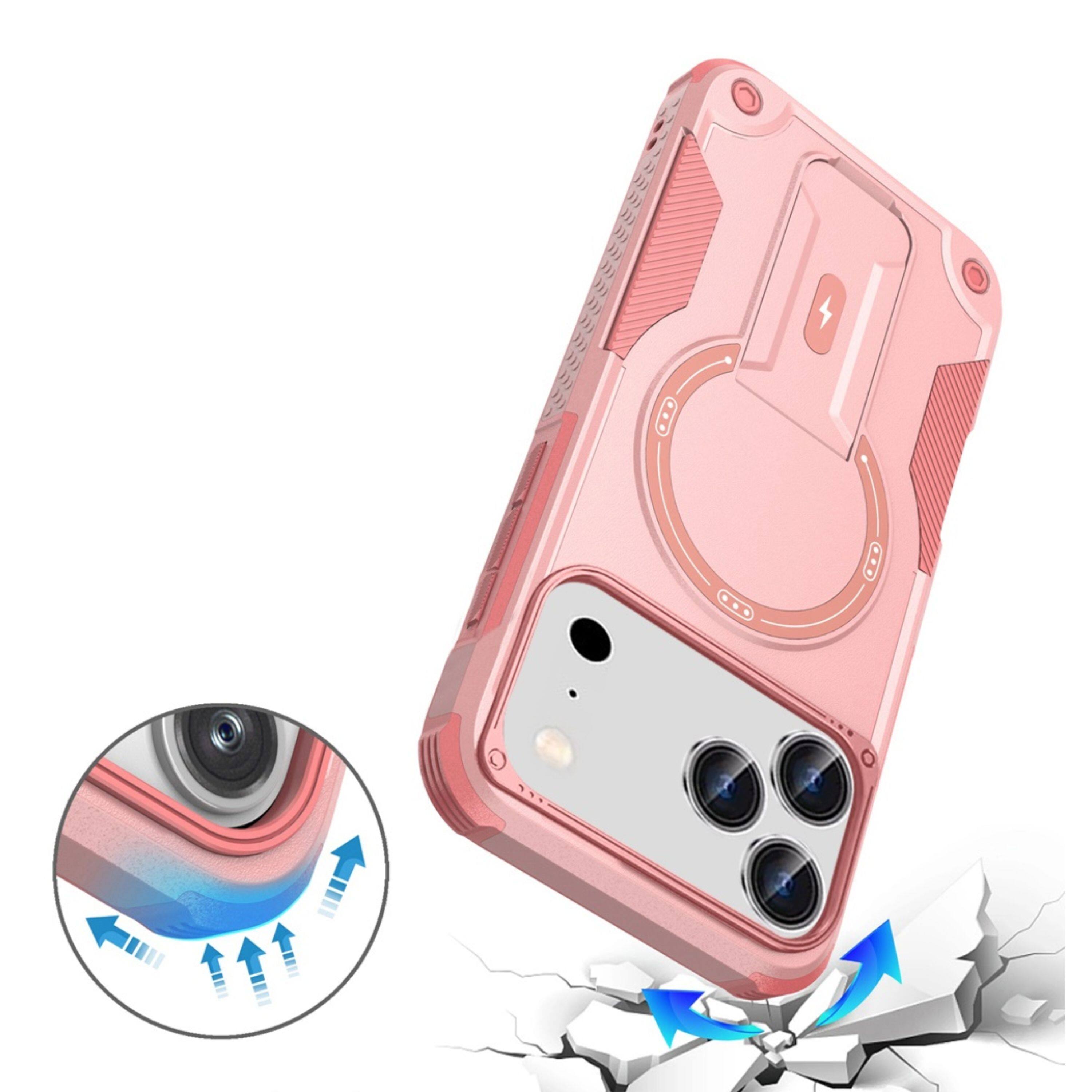 Left. Kitcheniva - Magnetic Circle Rugged Grip Kickstand Phone Case With Tempered Glass For iPhone 17 Pro Pink - Pink.