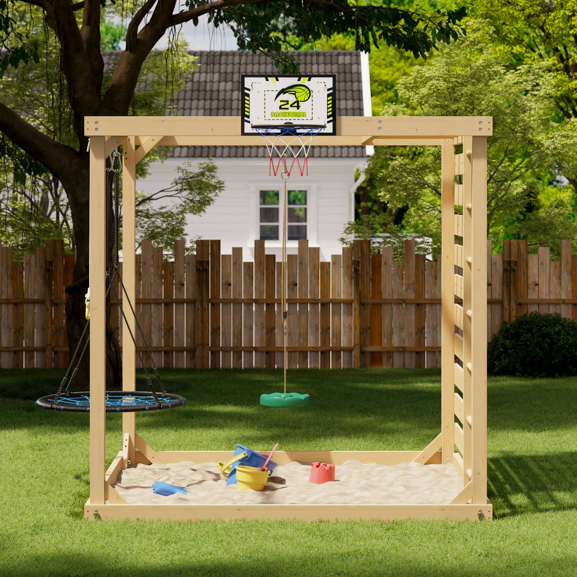 Left. Famapy - 8-in-1 Wooden Outdoor Playset for Kids with Swings, Climbing Wall, Basketball Hoop and Sandbox - Wooden.