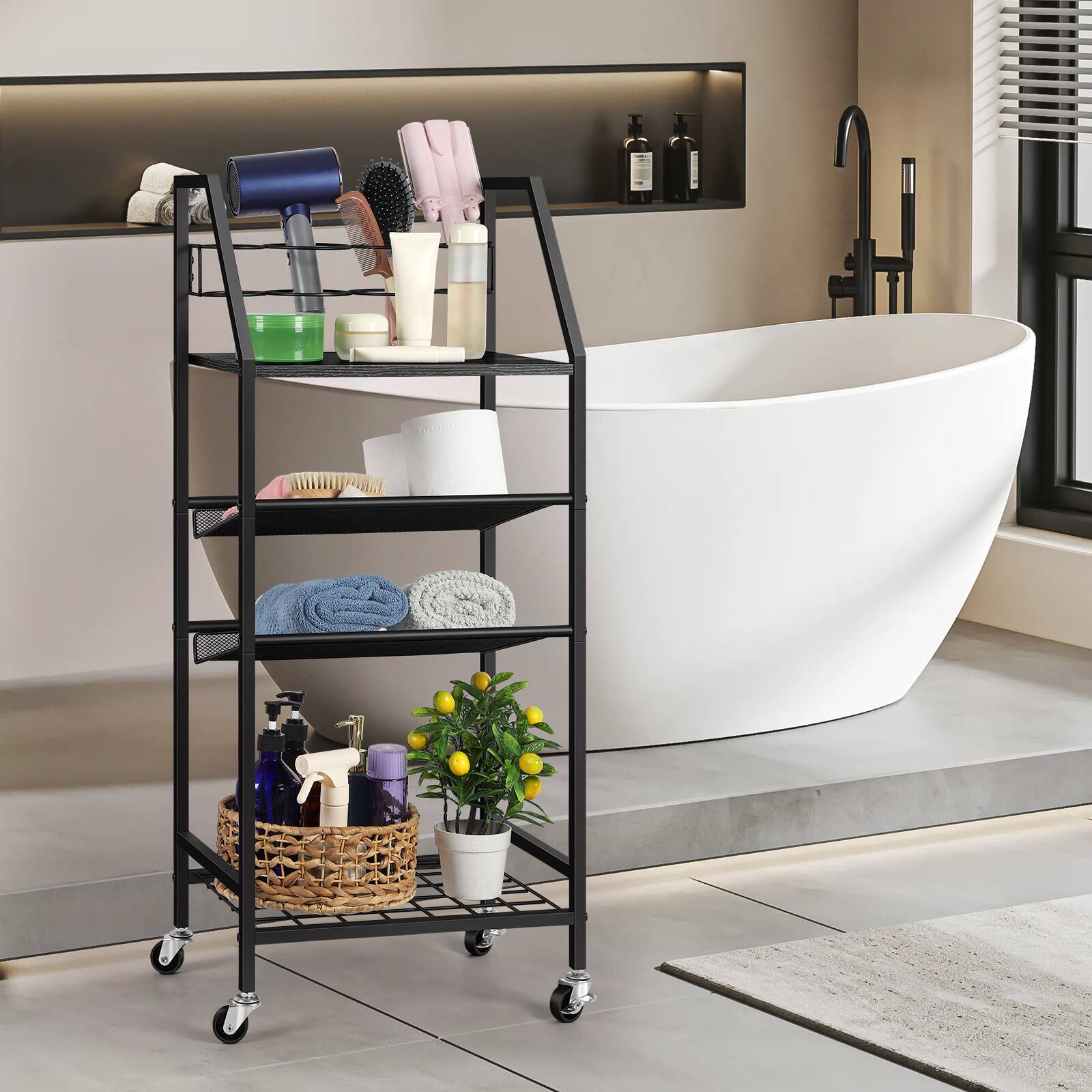 Angle. Oumilen - 4-Tier Rolling Hair Tool Storage Cart, Black Wood Board Lockable Wheels for Salon Bathroom - Black.