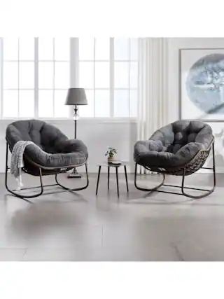 Front. Trinkets Crazed - Outdoor Indoor Rocking Chair Set Of 2, Oversized Patio Papasan Rocking Egg Chair With Padded Cushion - Gray.