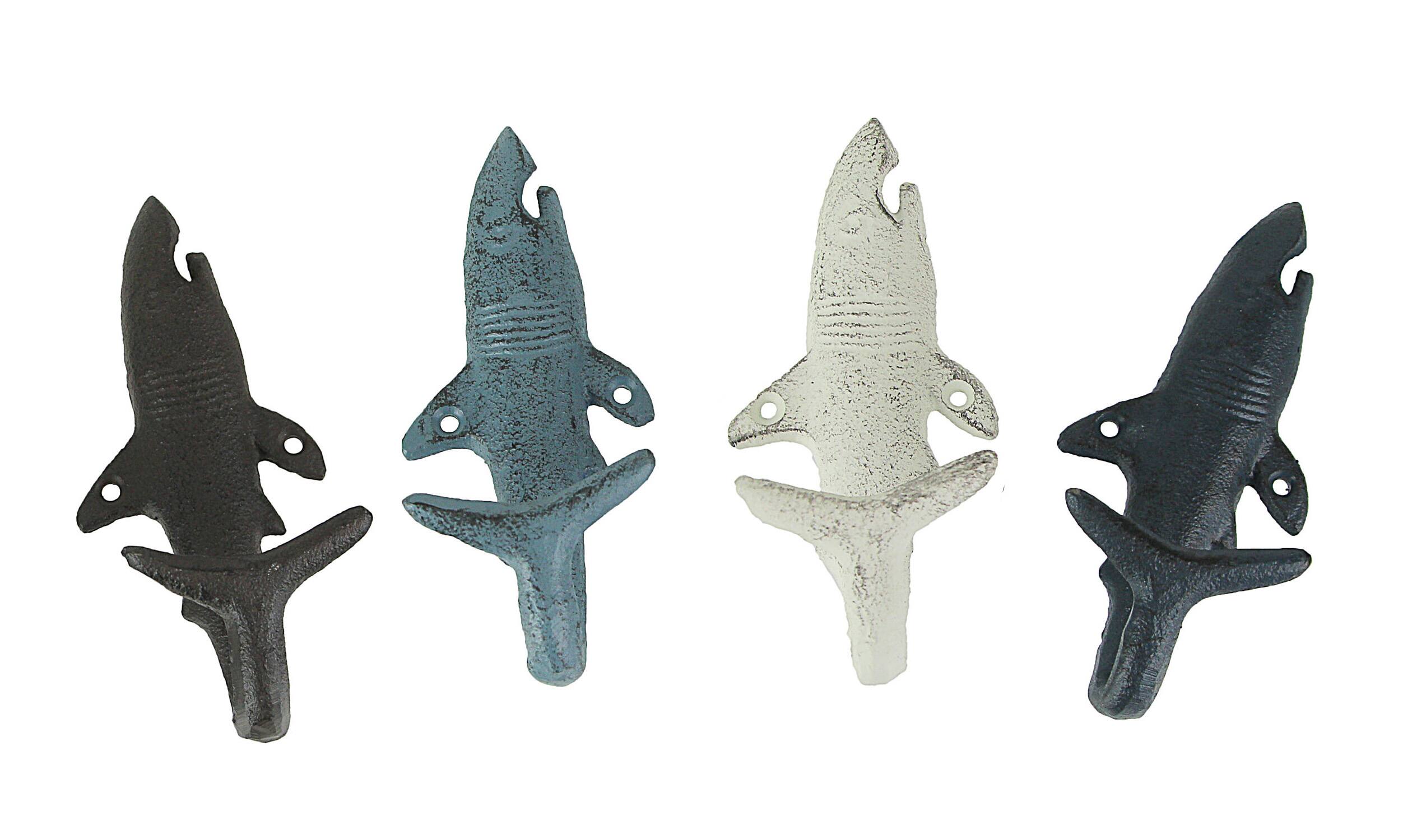 Front. Zeckos - 4 Piece Rustic Nautical Colored Finish Cast Iron Shark Wall Hook Set - Nautical Tones.