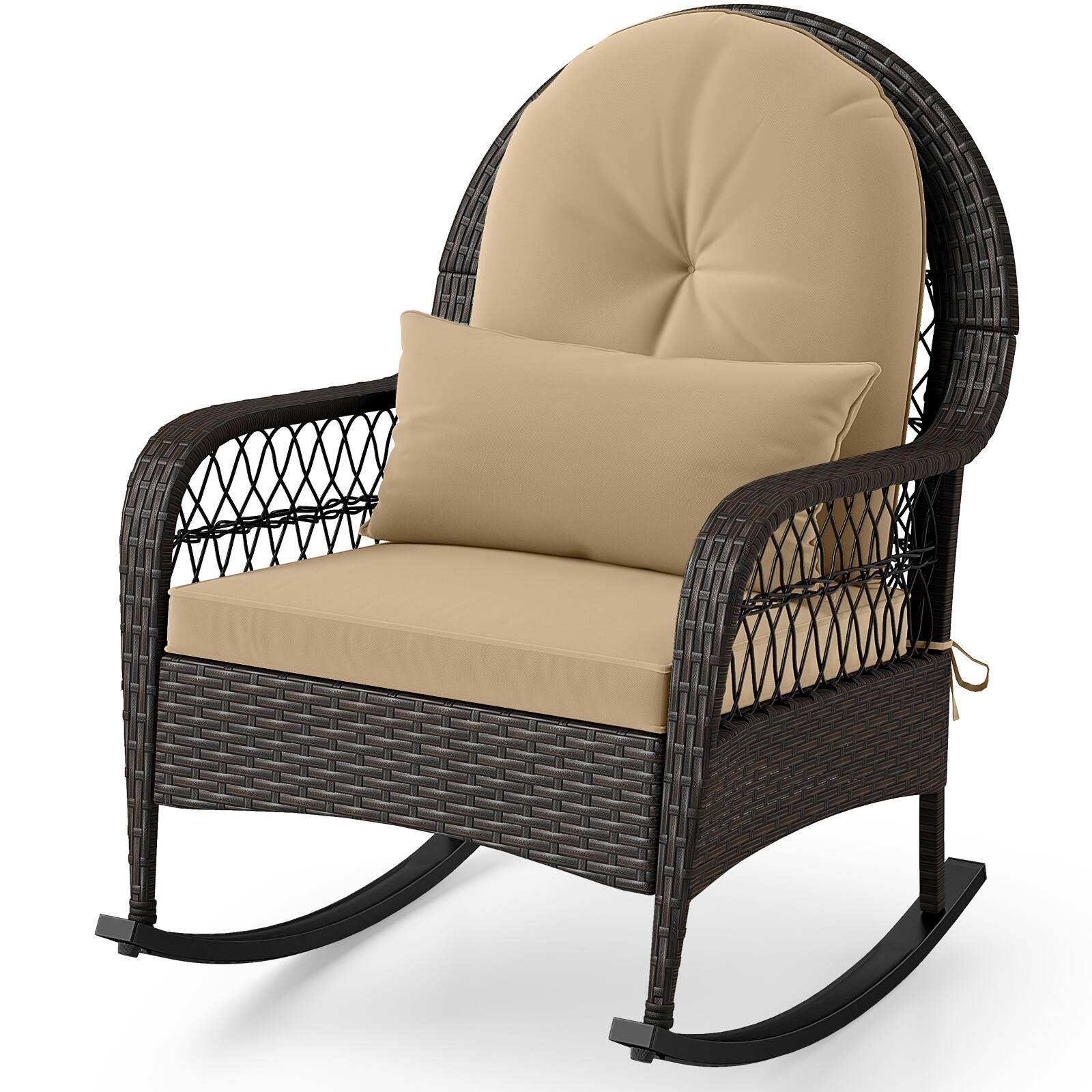 Alt View 1. Costway - Costway Outdoor Wicker Rocking Chair with Waist Pillow & Soft Removable Cushions for Garden - Mix Brown + Beige.