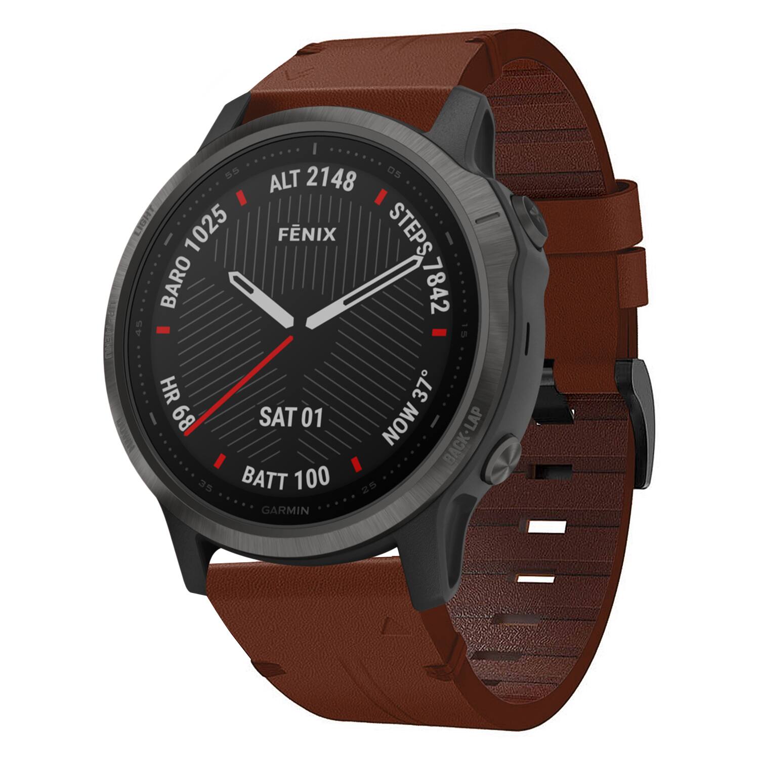 45 55 2148 ALT 1025 FNIX BARO STEPS 7842 7842 HR 37 68 SAT 01 NOW LAP BACK 35 BATT 100 25 GARMIN