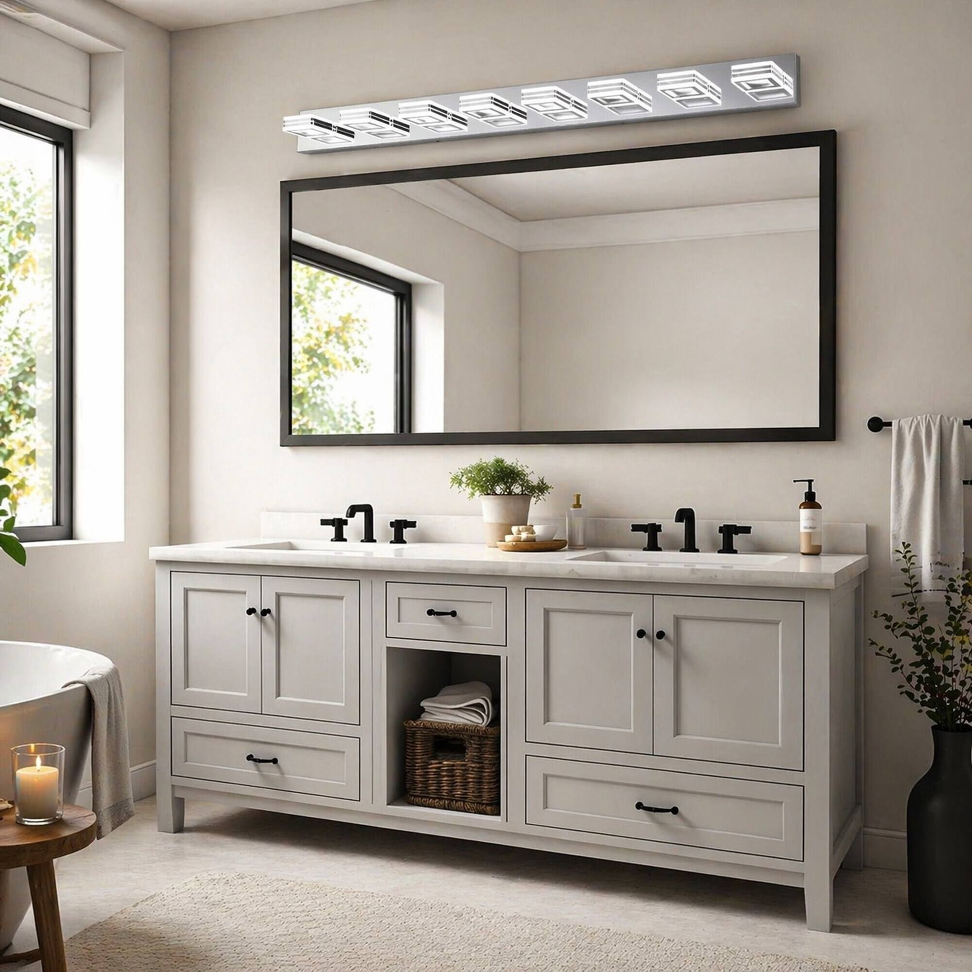 Back. RYHNUYNE - 52" Modern Chrome 8‑Light LED Vanity Light,Square Acrylic Shade Wall Mount Bathroom Vanity Light Fixture for Bath - Chrome.
