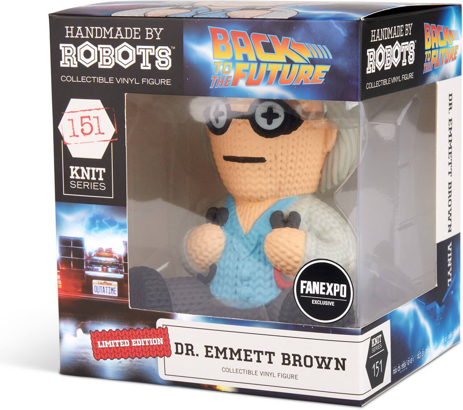 The text on the image can be grouped and corrected as follows:

- Handmade by Robots
- Collectible Vinyl Figure
- Back to the Future
- Dr. Emmett Brown
- Knit Series
- 151
- FanExpo Exclusive
- Limited Edition

This is a collectible vinyl figure of Dr. Emmett Brown from the Back to the Future series, part of the Knit Series, number 151, and it is a FanExpo exclusive limited edition.