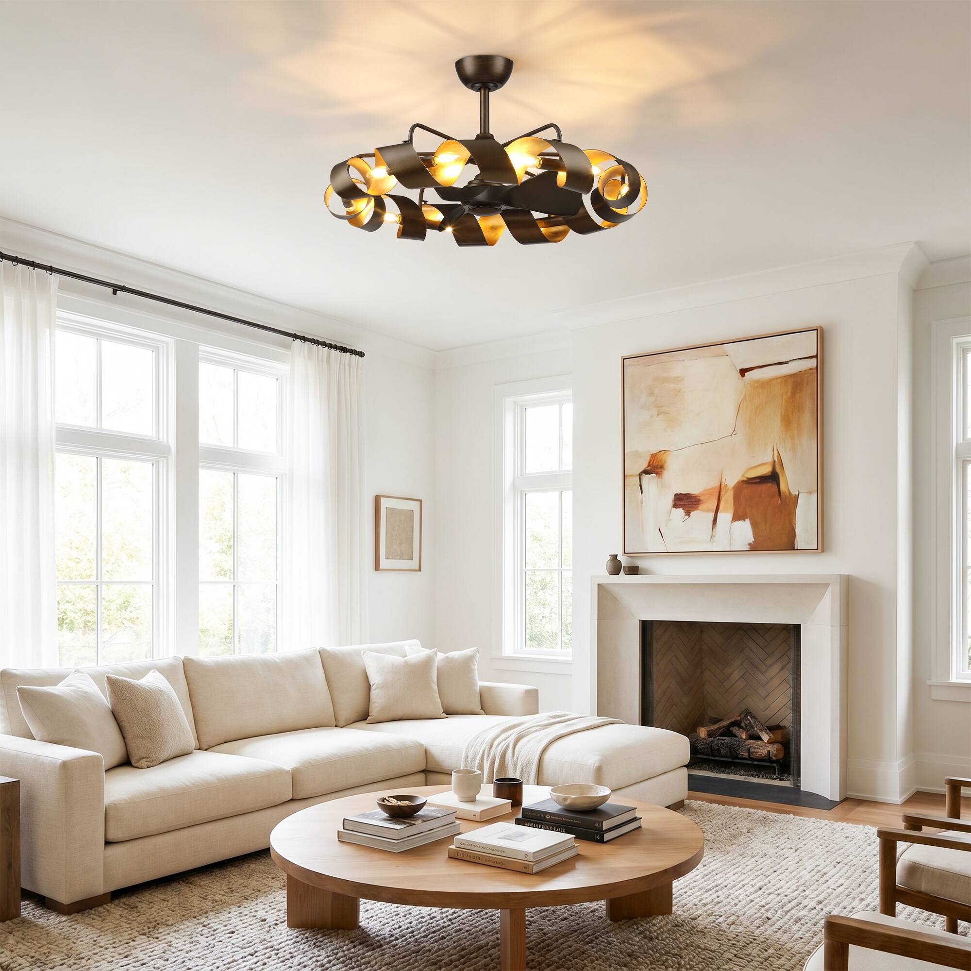 Left. Parrot Uncle - 37-Inch  Vintage Ribbon Fandelier Ceiling Fan with Remote - MULTI/OTHER CLRS.