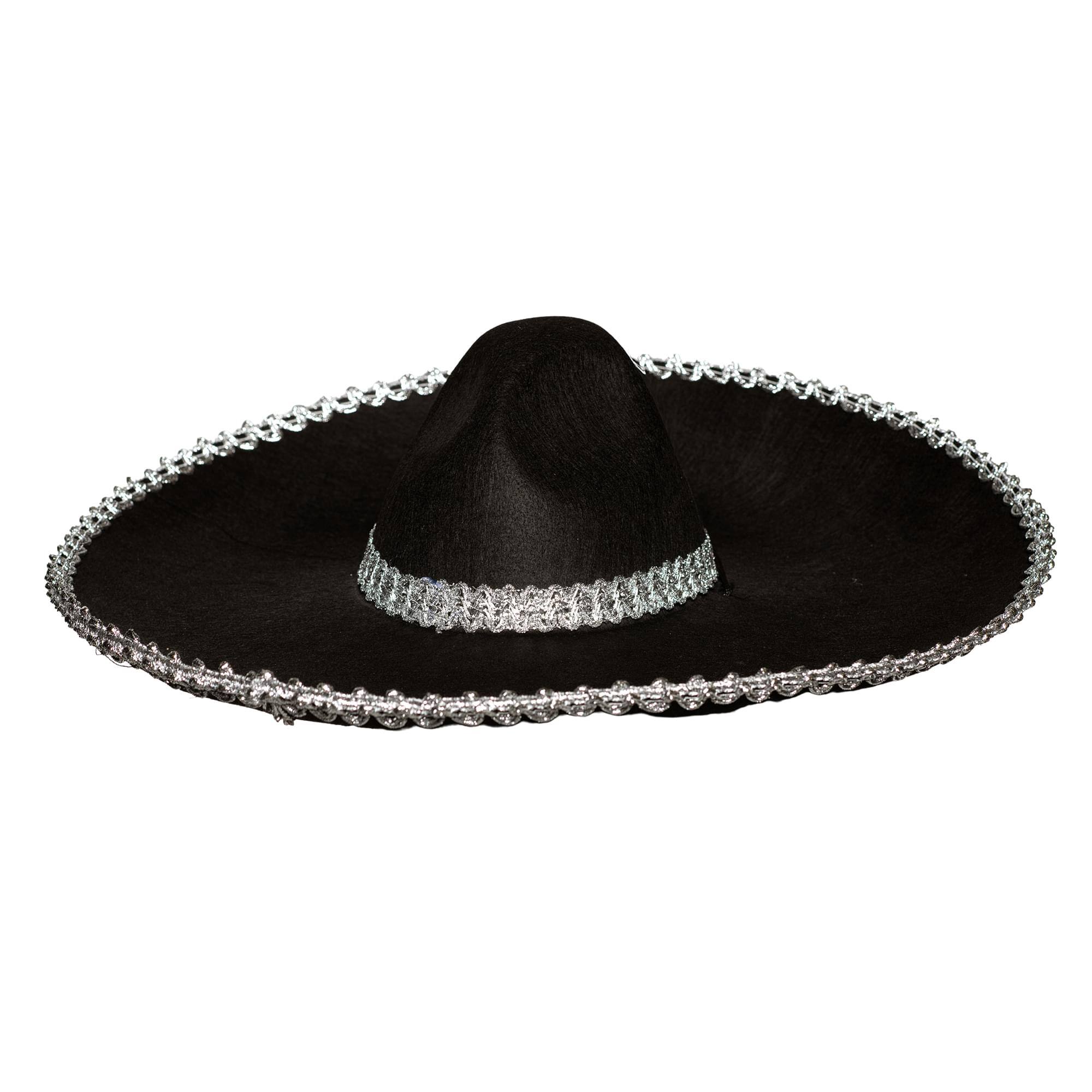 Front. Underwraps - Sombrero with Silver Metallic Trim Adult Costume Hat - Black.