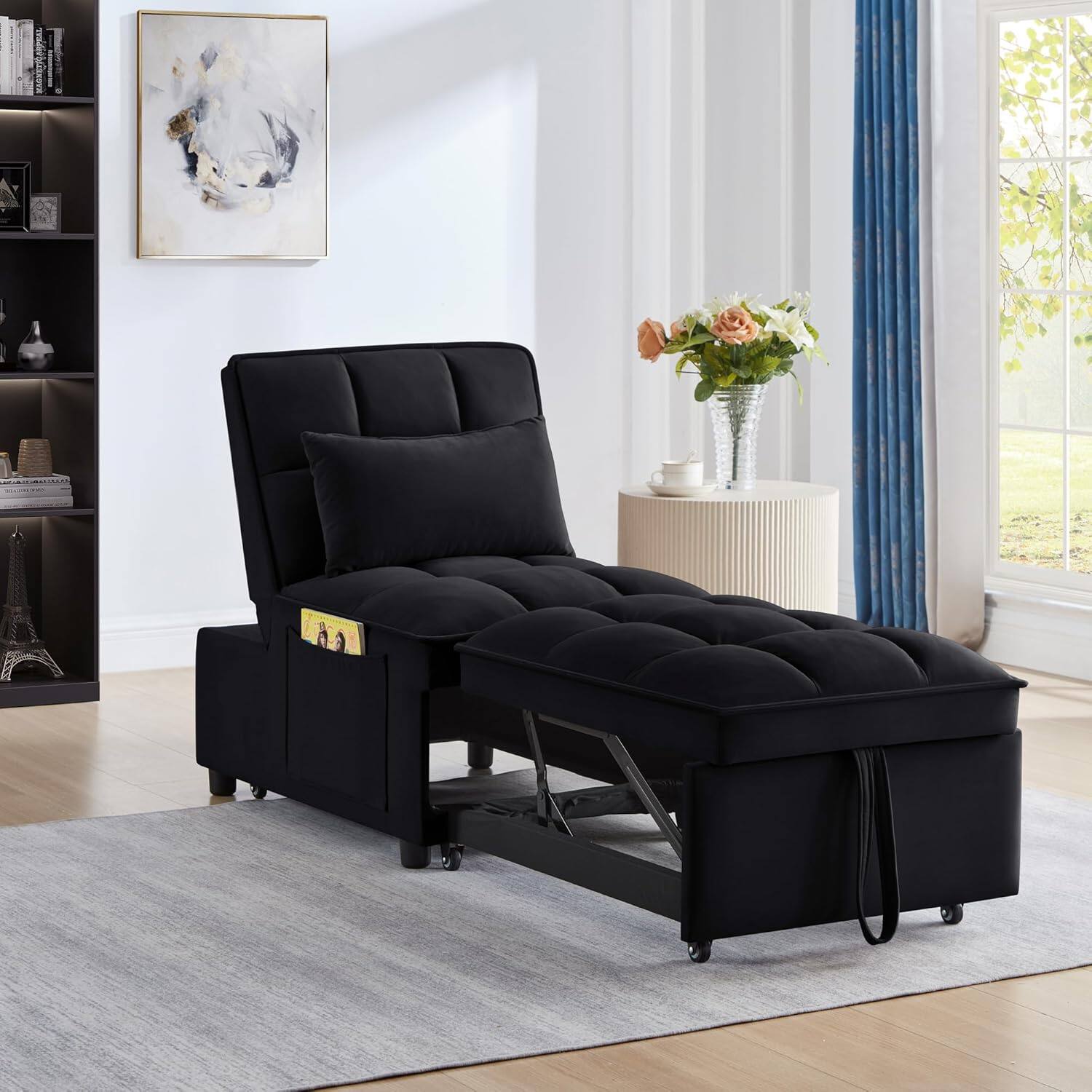 Front. Trinkets Crazed - 4 in1 Multi-Function Single Sofa Bed with Storage Pockets,Tufted Single Pull-out Sofa Bed W/ Adjustable Backrest - black.