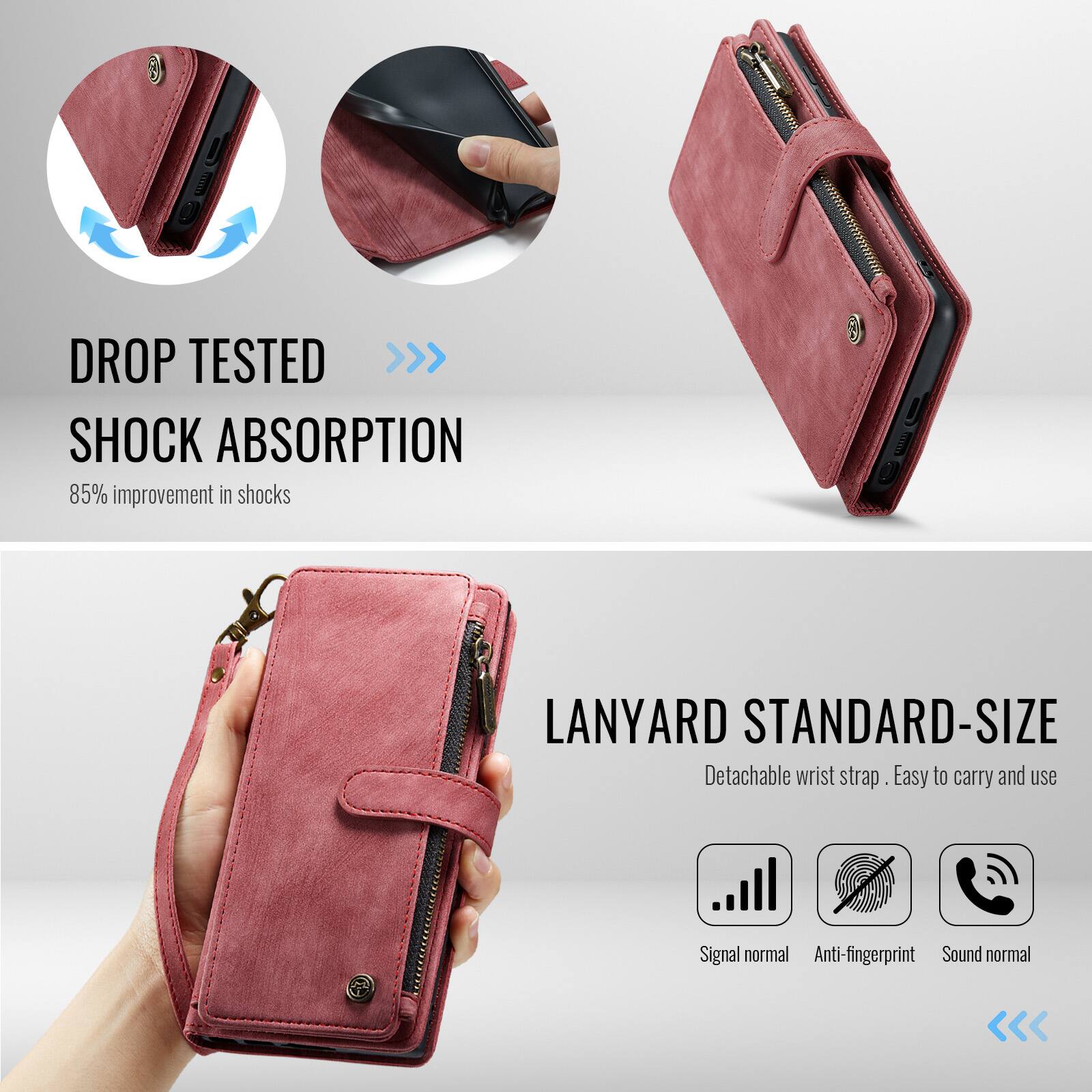 DROP TESTED  
SHOCK ABSORPTION  
85% improvement in shocks  

LANYARD STANDARD-SIZE  
Detachable wrist strap  
Easy to carry and use  

Signal normal  
Anti-fingerprint  
Sound normal