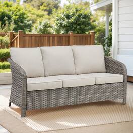 Mondawe - 73.6" PE Wicker Rattan Outdoor 3 Seat Sofa with Beige Deep Seat Cushions - Beige+Gray