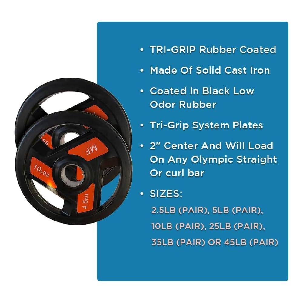 TRI-GRIP Rubber Coated  
Made Of Solid Cast Iron  
Coated In Black Low Odor Rubber  
RS 10LBS MF 4.5KG  
Tri-Grip System Plates  
2" Center And Will Load On Any Olympic Straight Or Curl Bar  

SIZES:  
2.5LB (PAIR), 5LB (PAIR), 10LB (PAIR), 25LB (PAIR), 35LB (PAIR) OR 45LB (PAIR)