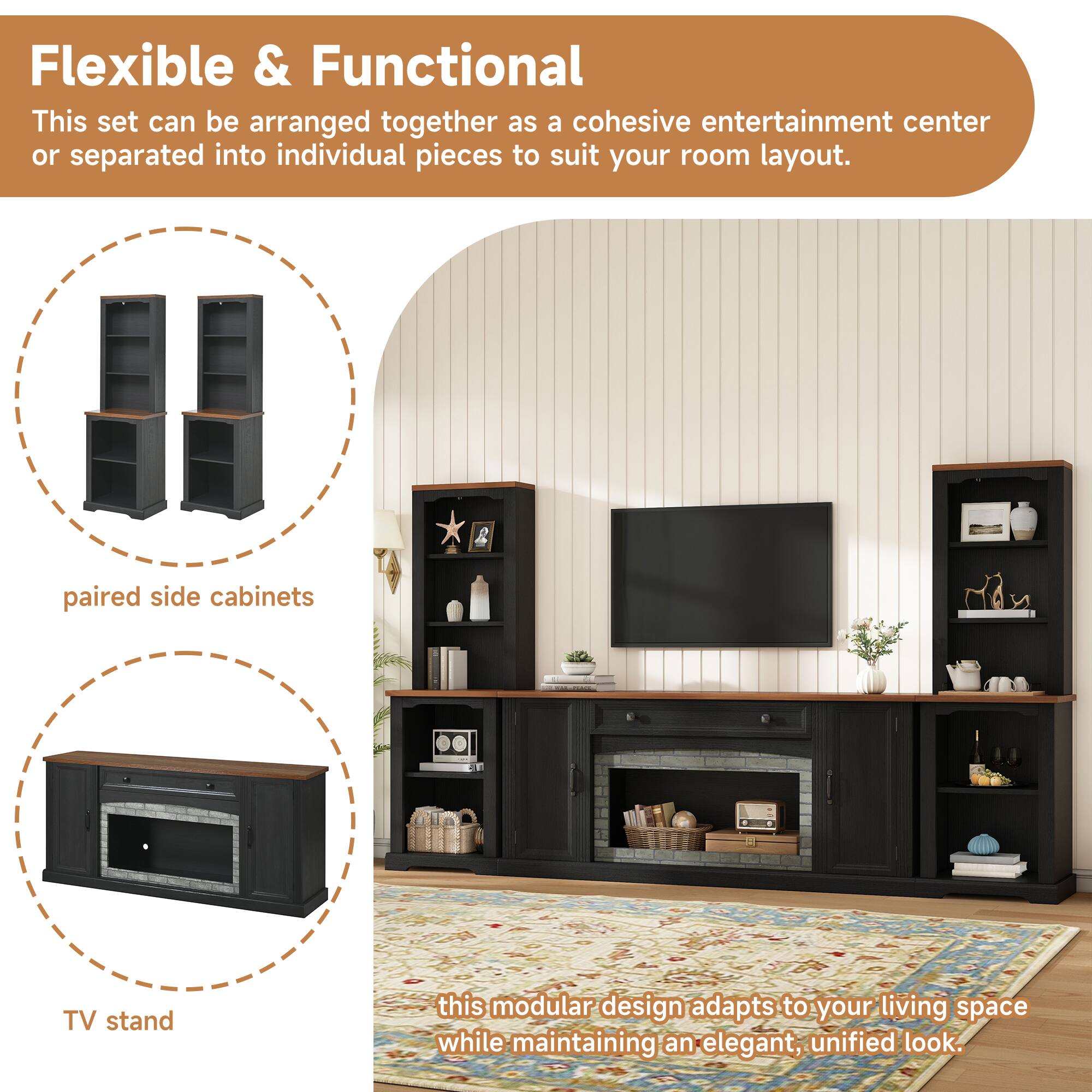 Flexible & Functional  
This set can be arranged together as a cohesive entertainment center or separated into individual pieces to suit your room layout.  
paired side cabinets TV stand  
this modular design adapts to your living space while maintaining an elegant, unified look.