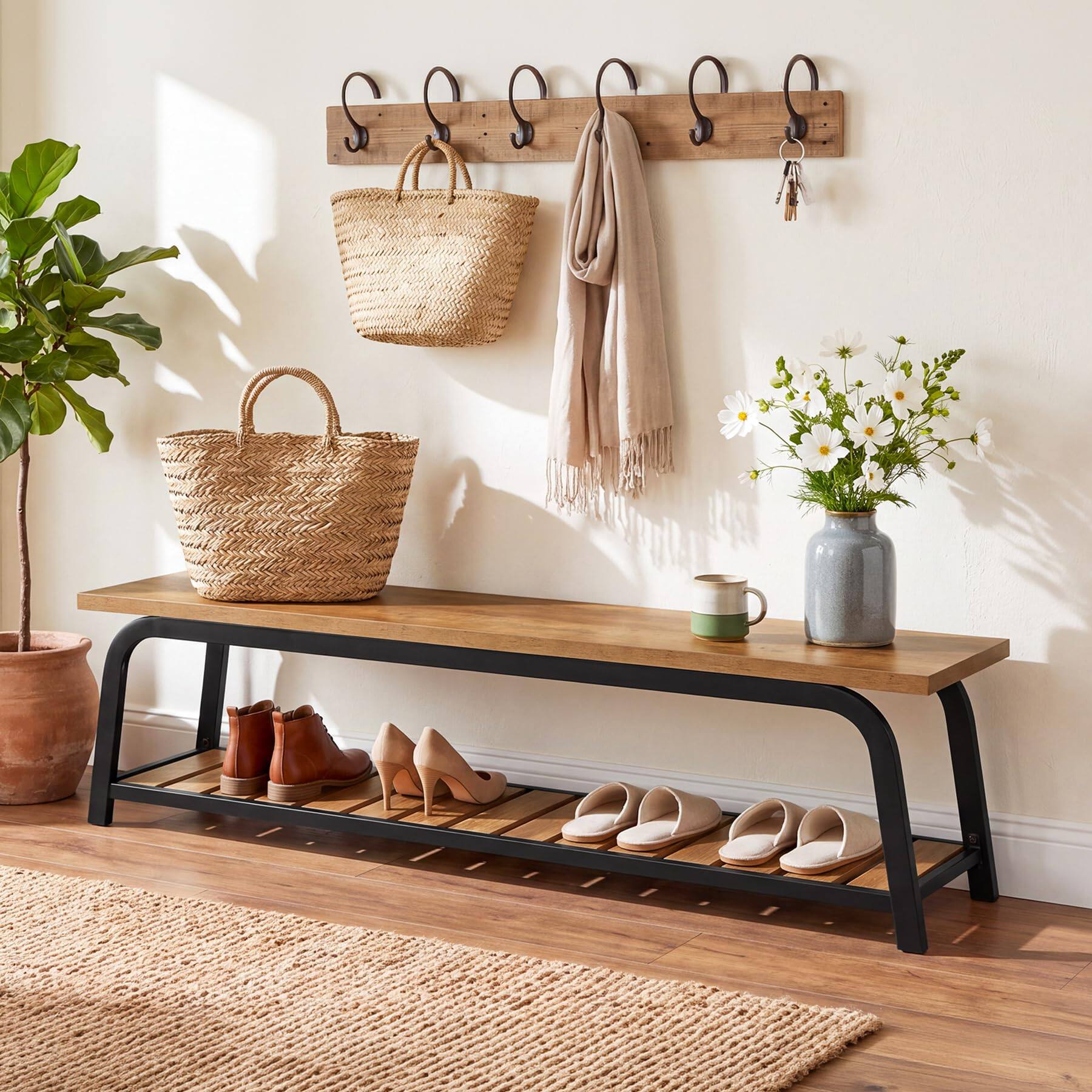 Alt View 5. Tribesigns - 63-Inch Industrial Dining Bench, 2-Tier Long Kitchen Bench - Brown & Black.