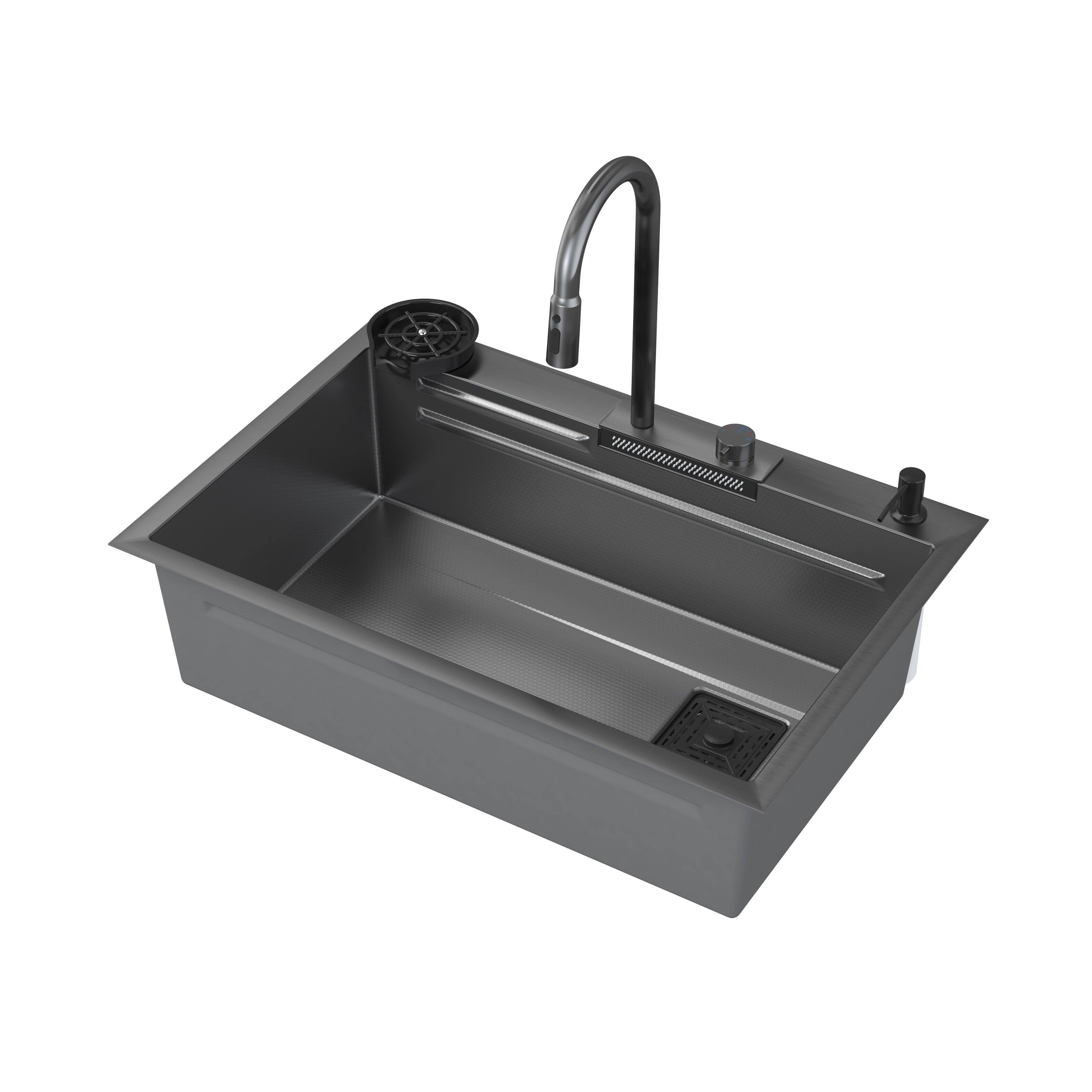 Left. Famapy - Workstation Kitchen Sink with Faucet, Drop-in Single Bowl Sink with Cup Washer & Control Knob - Black.