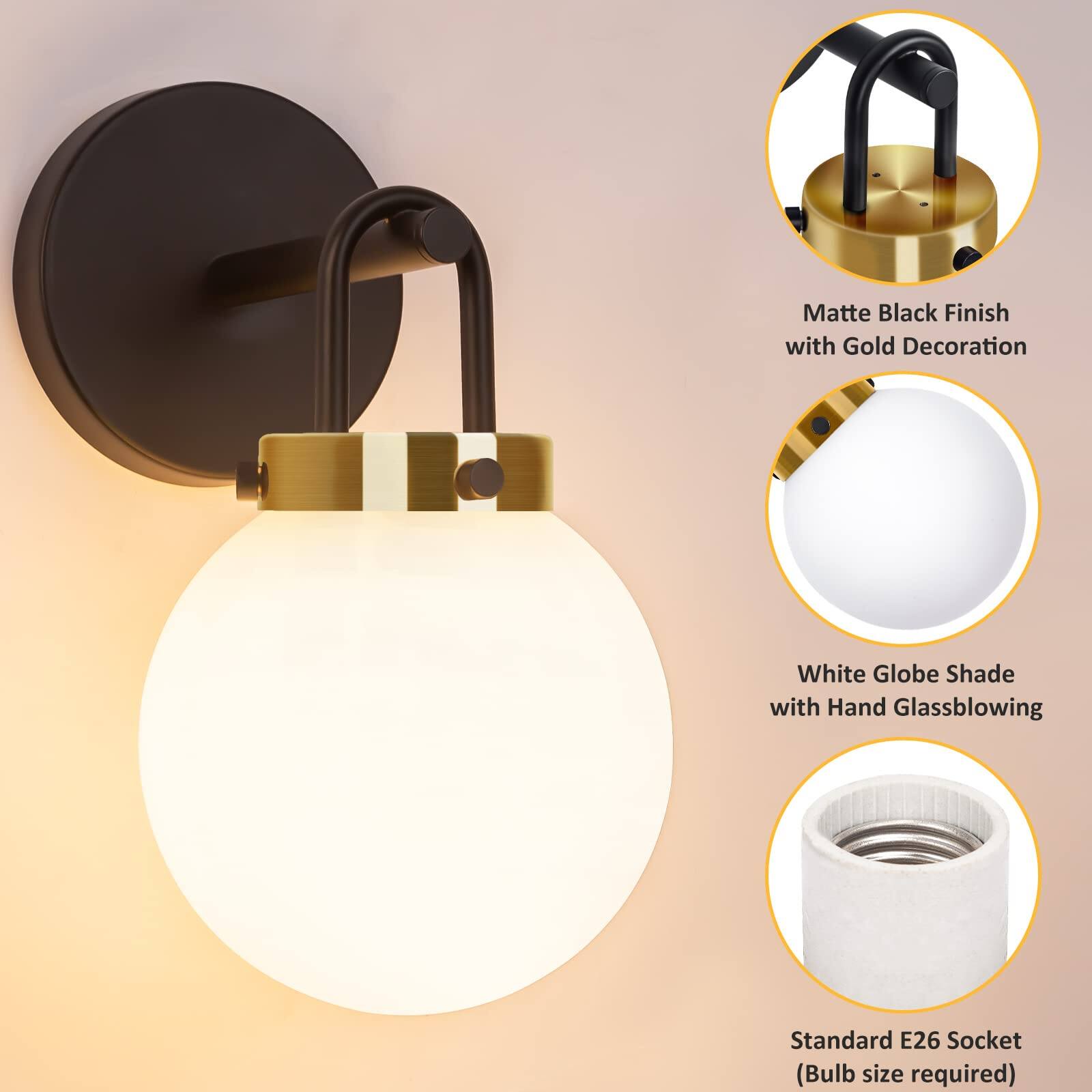 Matte Black Finish with Gold Decoration  
White Globe Shade with Hand Glassblowing  
Standard E26 Socket (Bulb size required)
