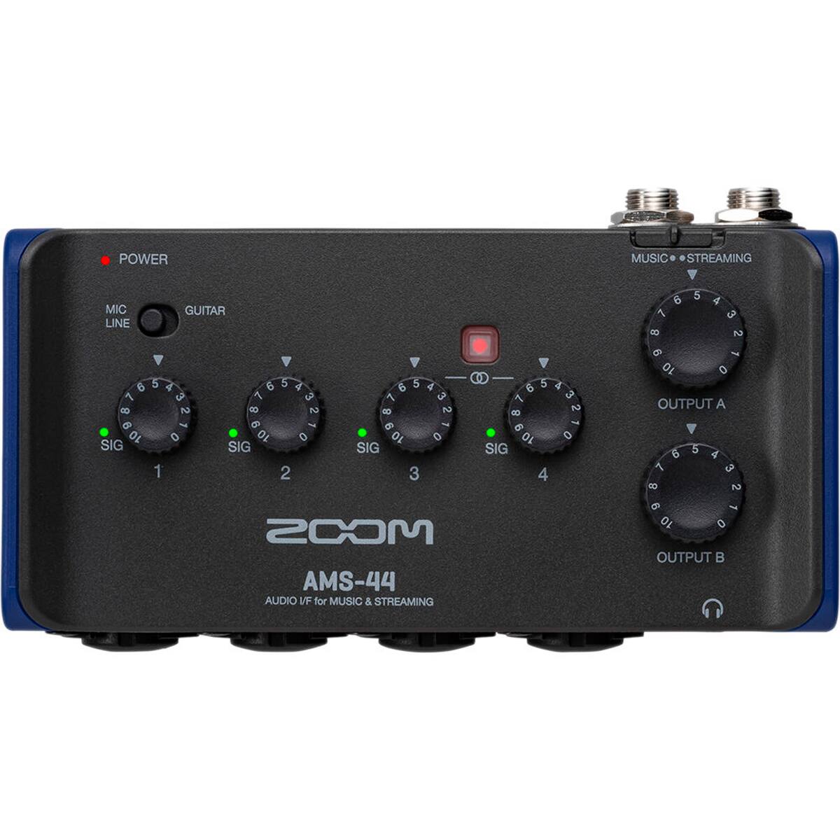 POWER MUSIC STREAMING  
MIC LINE GUITAR  
6 7 8 9 10 0  
5 6 7 8 9 10 0  
4 5 6 7 8 9 10 0  
3 4 5 6 7 8 9 10 0  
2 3 4 5 6 7 8 9 10 0  
1 2 3 4 5 6 7 8 9 10 0  
SIG 1 SIG 2 SIG 3 SIG 4  
OUTPUT A  
OUTPUT B  
AMS-44 AUDIO IF for MUSIC & STREAMING