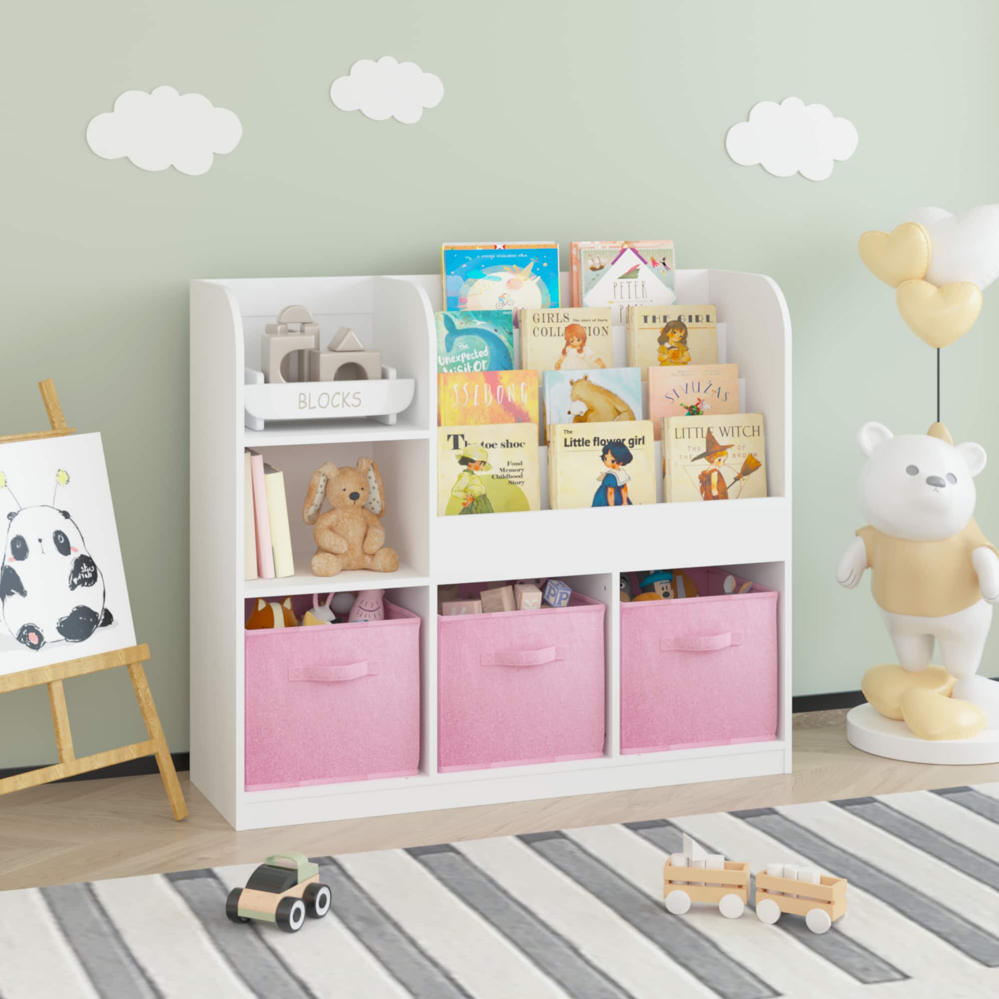 MERAVOM - Kids Bookcase and Bookshelf, Bookcase with 3 Collapsible Fabric Drawers, Toy Storage Organizer for Bedroom, Playroom - Pink