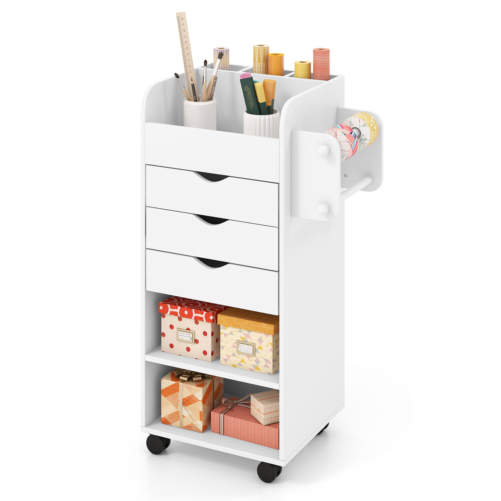 Alt View 1. Gymax - Gymax Rolling Craft Storage Cart Wooden Utility Cart w/3 Drawers 3 Shelf&Slot 2 Dowels - White.