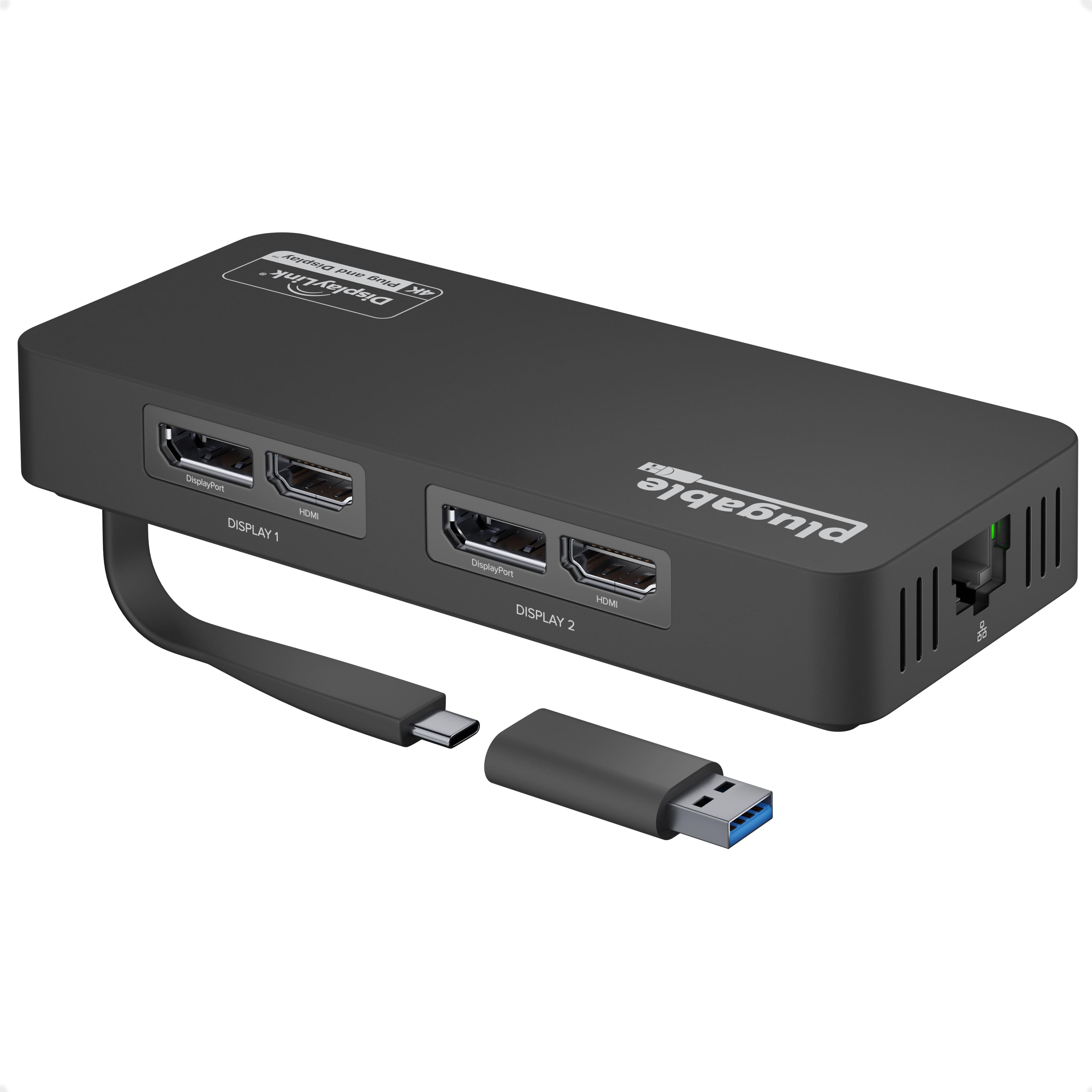 Plugable - 4K DisplayPort and HDMI Dual Monitor Adapter for USB 3.0 and USB-C, Compatible with Windows and ChromeOS - Black