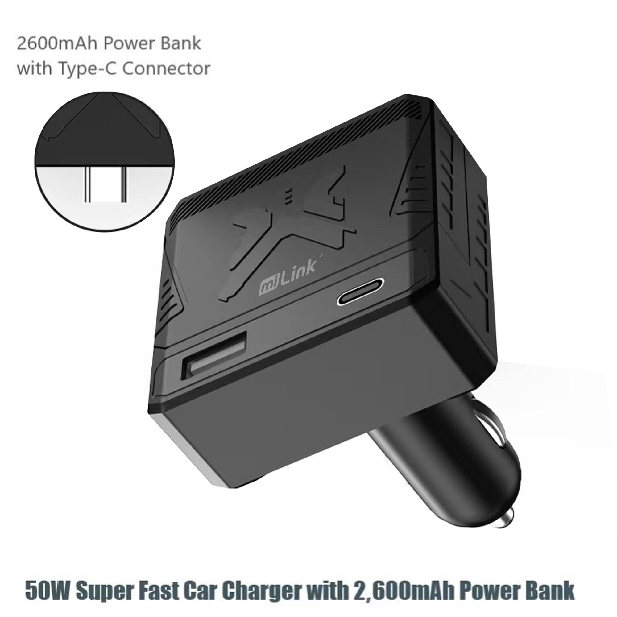 2600mAh Power Bank with Type-C Connector

miLink

50W Super Fast Car Charger with 2,600mAh Power Bank