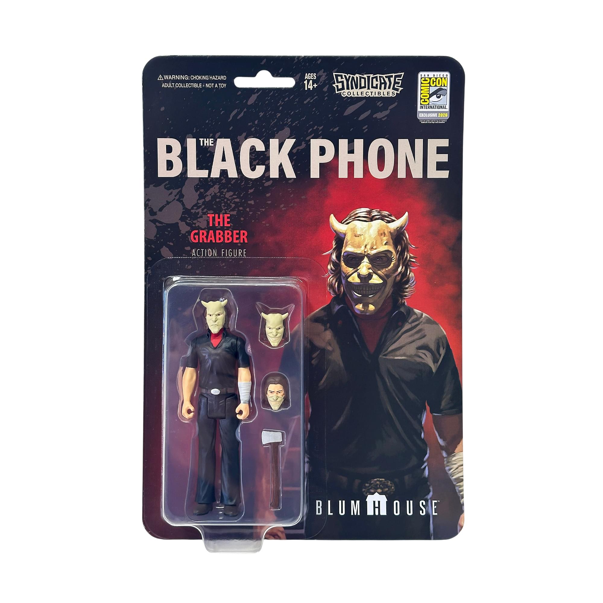 AGES 14+  
WARNING: CHOKING HAZARD ADULT COLLECTIBLE NOT A TOY  
SYNDICATE COLLECTIBLES  
COMIC CON INTERNATIONAL EXCLUSIVE 2026  
THE BLACK PHONE  
THE GRABBER ACTION FIGURE  
BLUMHOUSE