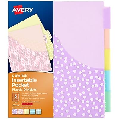 Avery - Big Tab Insertable Plastic Dividers with Pocket, 5 Tabs Pastel - Multicolor
