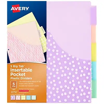 AVERY Projects Calendar
5 Big Tab Insertable Pocket Plastic Dividers
1.5 more printing space on tab
5 Inserts won't fall out
TABS
Durable tear resistant plastic
1 SET
07714
