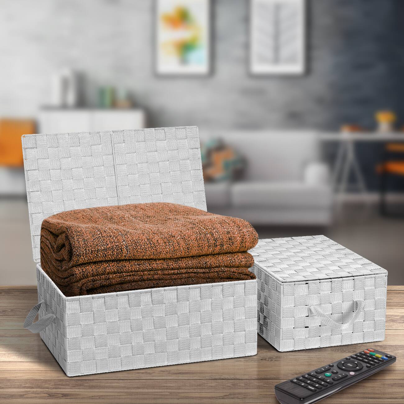 Alt View 2. Sorbus - Sorbus Set of 3 Storage Baskets for Organizing with Lid, Mesh, Linen, Organizer Storage Baskets for Shelves - White.