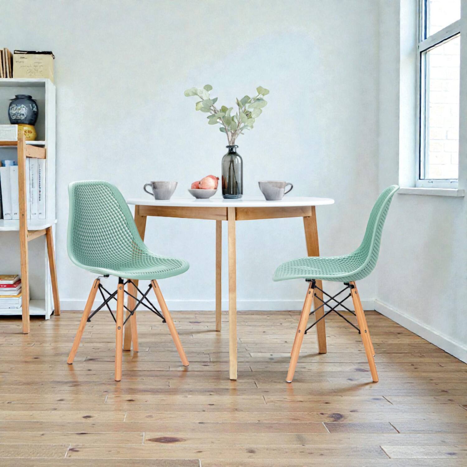 Hivvago - Set of 2 Sleek Plastic Chairs with Cutout Design and Solid Wood Legs - Green