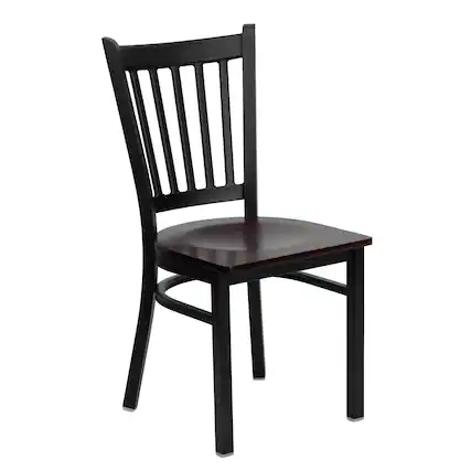Front. Emma + Oliver - Vertical Back Metal Restaurant Dining Chair - Mahogany Wood Seat/Black Metal Frame.