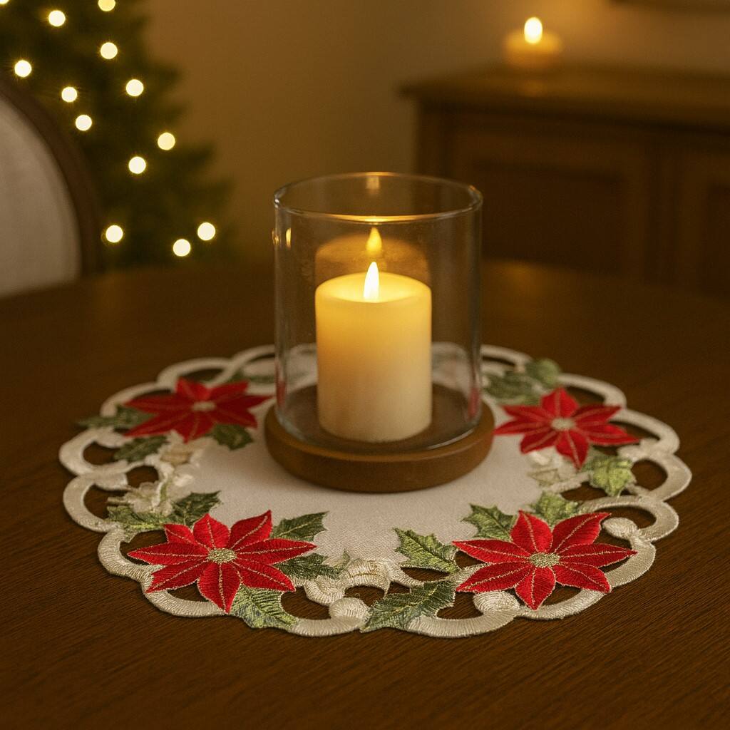 Angle. Jiallo - Christmas Poinsettia Embroidered Cutwork Round Placemat, 12-Inch diameter Table Linen - Beige.