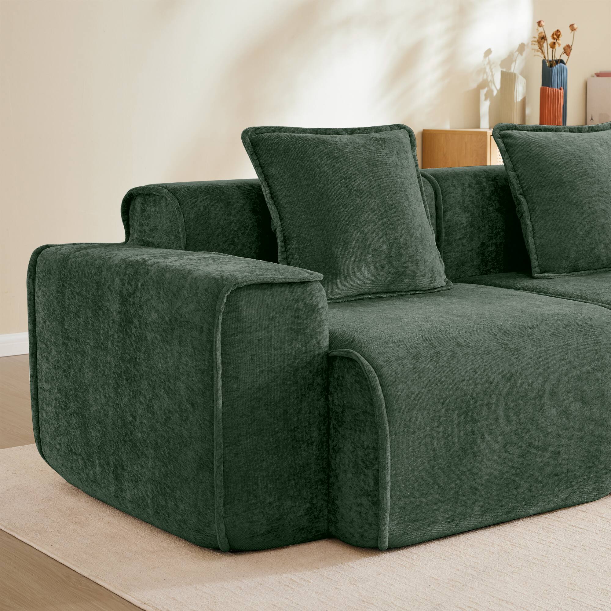 Alt View 1. Aukfa - Streamlined 2-Seat L-Shape Boneless Sectional Sofa - French Edge Piping, No Assembly, Throw Pillows & Ottoman, Velvet - Green.