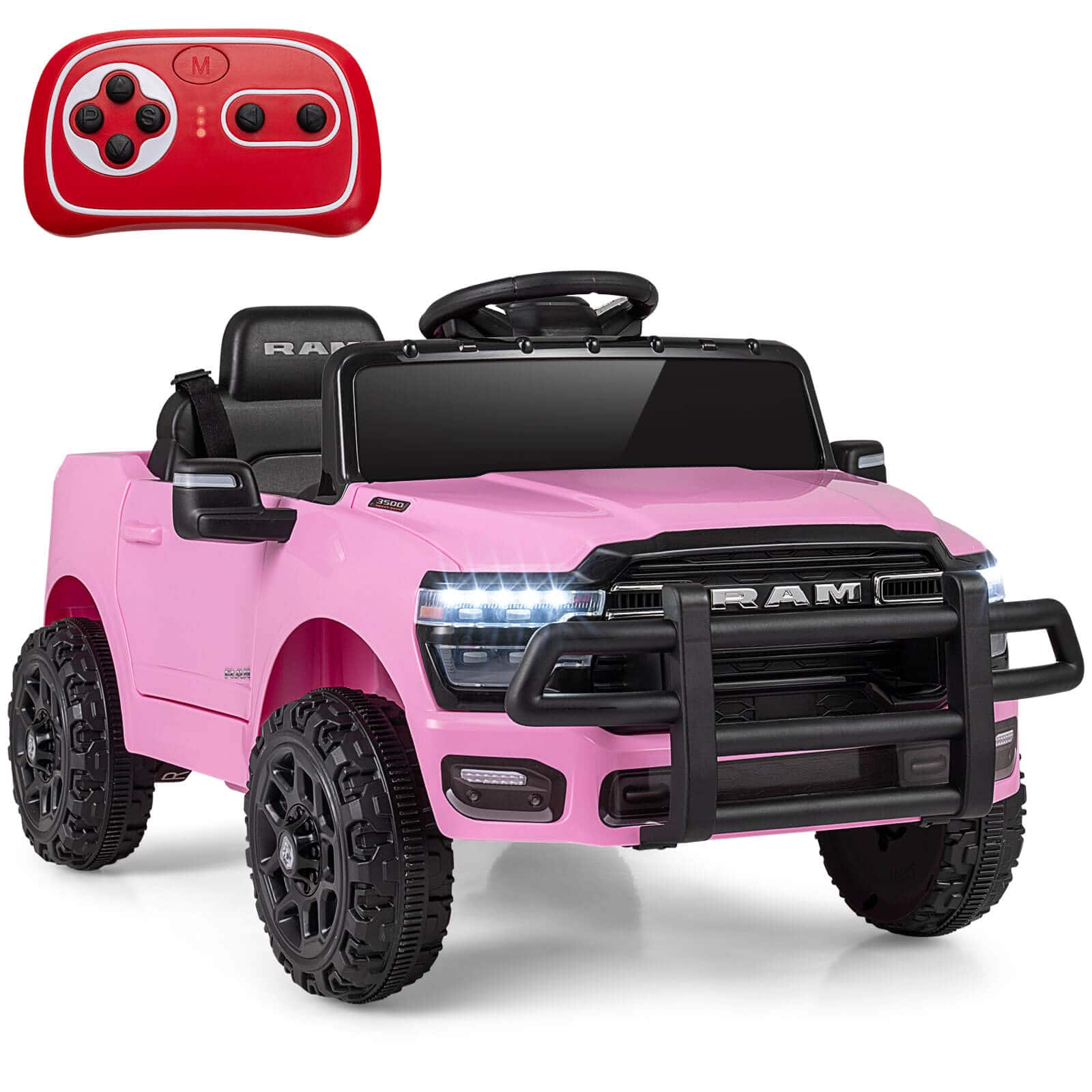 Costway - Licensed RAM 3500 Electric Vehicle with Remote Control, LED Lights, Music, Horn - Pink