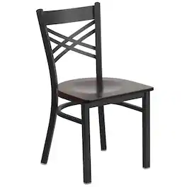 Emma + Oliver - "X" Back Metal Restaurant Dining Chair - Walnut Wood Seat/Black Metal Frame