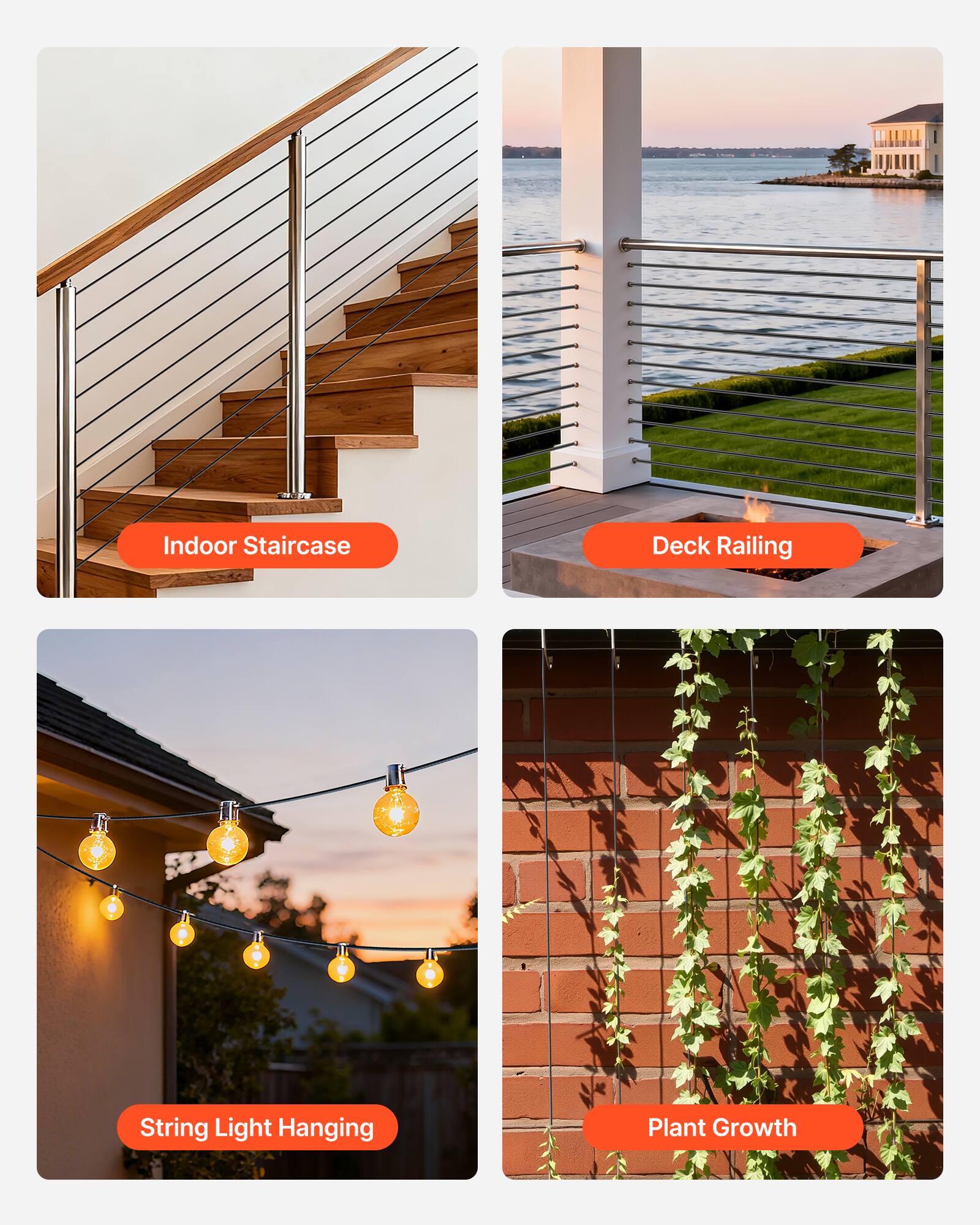 Indoor Staircase  
Deck Railing  
String Light Hanging  
Plant Growth