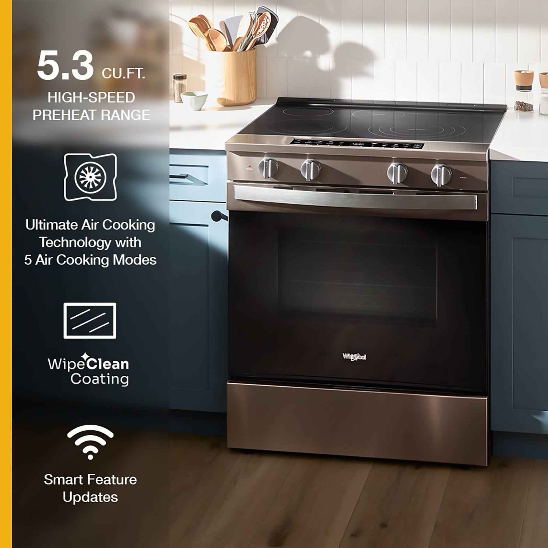 The text on the image reads: "5.3 CU.FT. HIGH-SPEED PREHEAT RANGE Ultimate Air Cooking Technology with 5 Air Cooking Modes VipeClean Coating ietibal Smart Feature Updates."