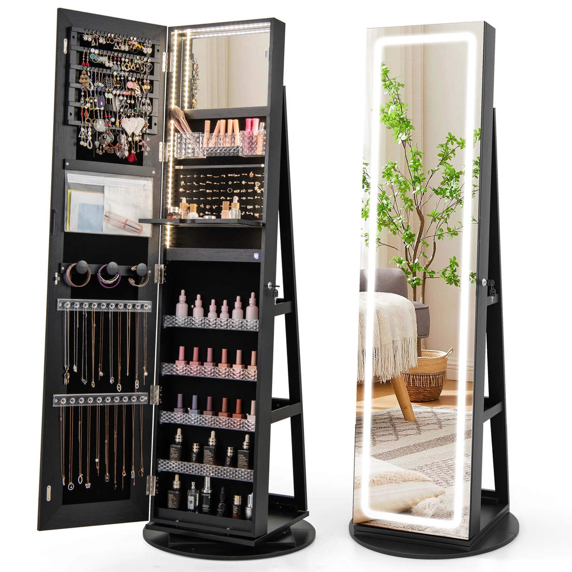 Front. Costway - 360° Swivel Jewelry Cabinet Organizer 3-Color LED Mirror with Built-in Lights Black - Black.