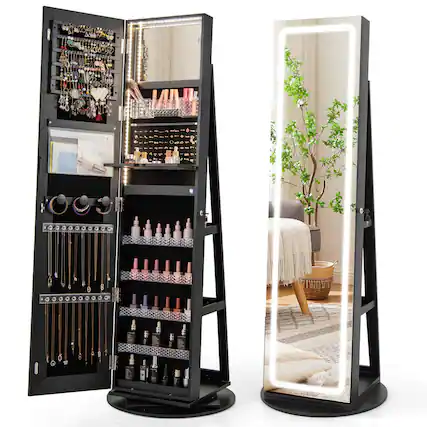 Front. Costway - 360° Swivel Jewelry Cabinet Organizer 3-Color LED Mirror with Built-in Lights Black - Black.