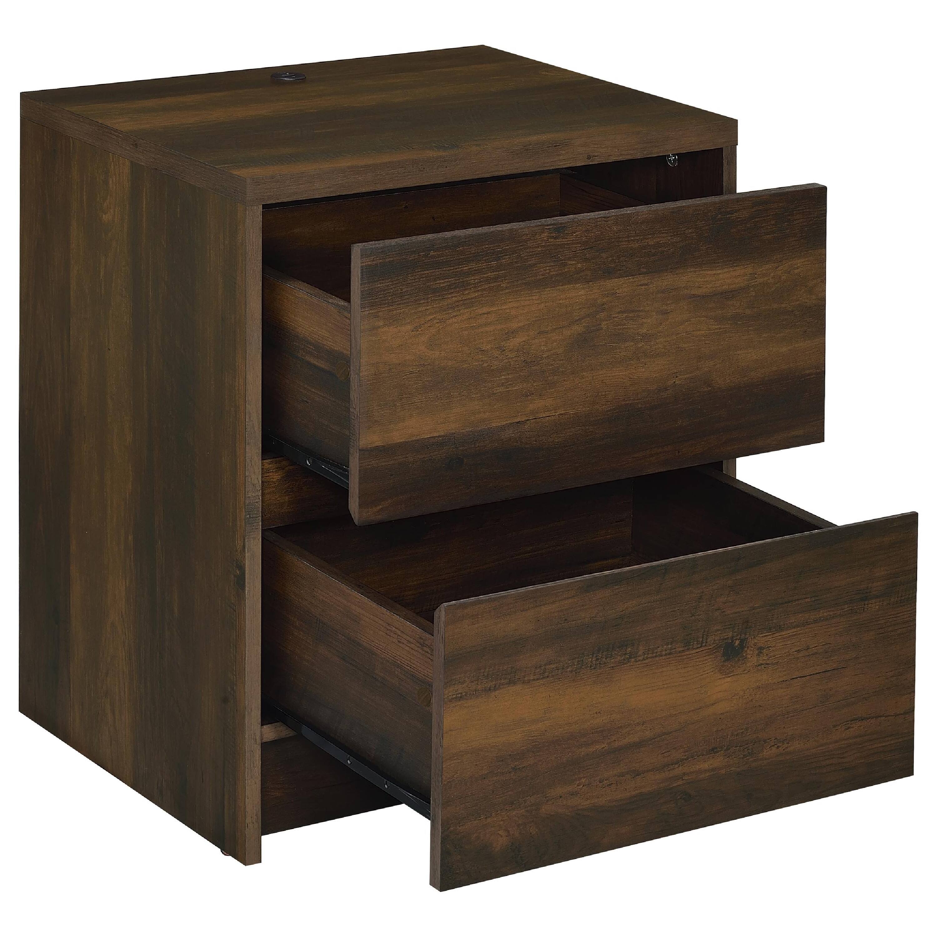 Alt View 3. Manhattan Lane - Park Nightstand, 2 Drawers, LED Light & USB Ports, Dark Pine Wood - Dark Pine Brown.