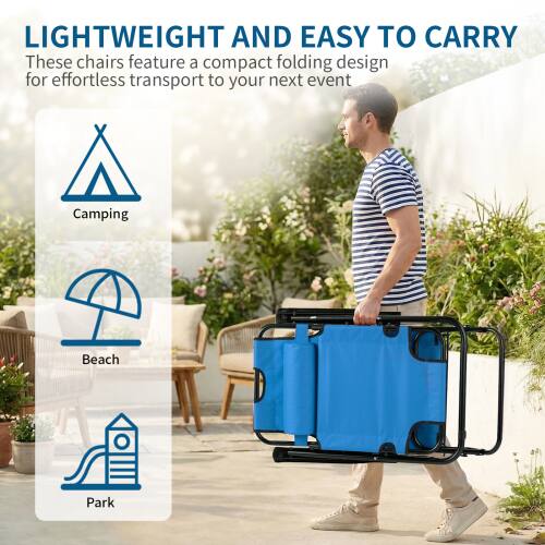 LIGHTWEIGHT AND EASY TO CARRY

These chairs feature a compact folding design for effortless transport to your next event

Camping  
Beach  
Park