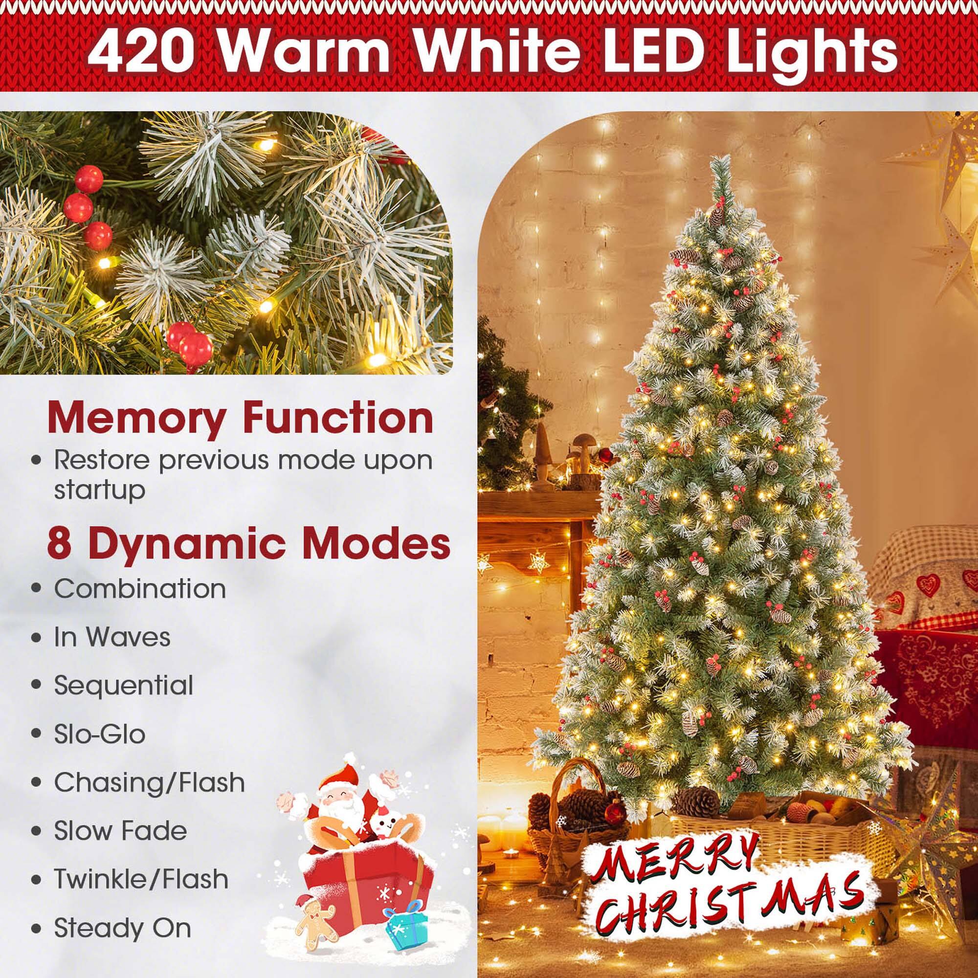 The text on the image is grouped and corrected as follows:
420 Warm White LED Lights
Memory Function: Restore previous mode upon startup
8 Dynamic Modes: Combination, In Waves, Sequential, Slo-Glo, Chasing/Flash, Slow Fade, Twinkle/Flash, Steady On
MERRY CHRISTMAS MAS