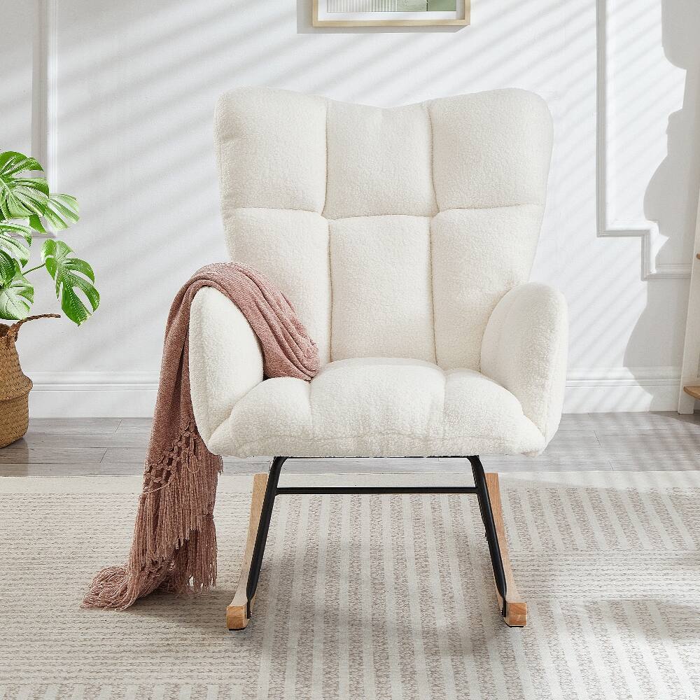 Angle. Loheer - Loheer Ivory White Teddy Fabric Rocking Chair Tufted Upholstered Glider Chair with Metal Frame for Living Room Nursery - Ivory White.