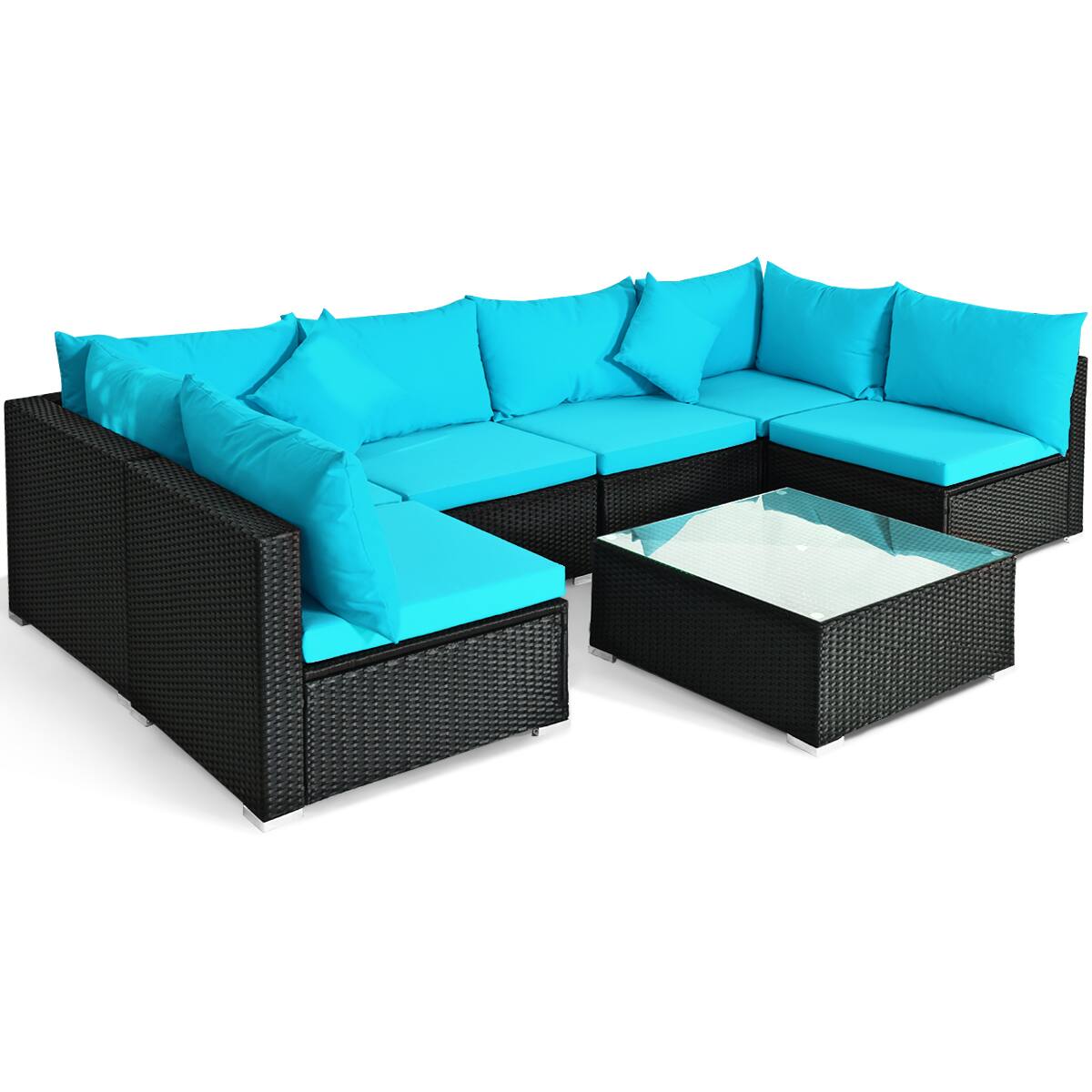 Alt View 1. Gymax - Gymax 7PCS Rattan Patio Conversation Set Sectional Furniture Set w/ Blue Cushion - Blue.