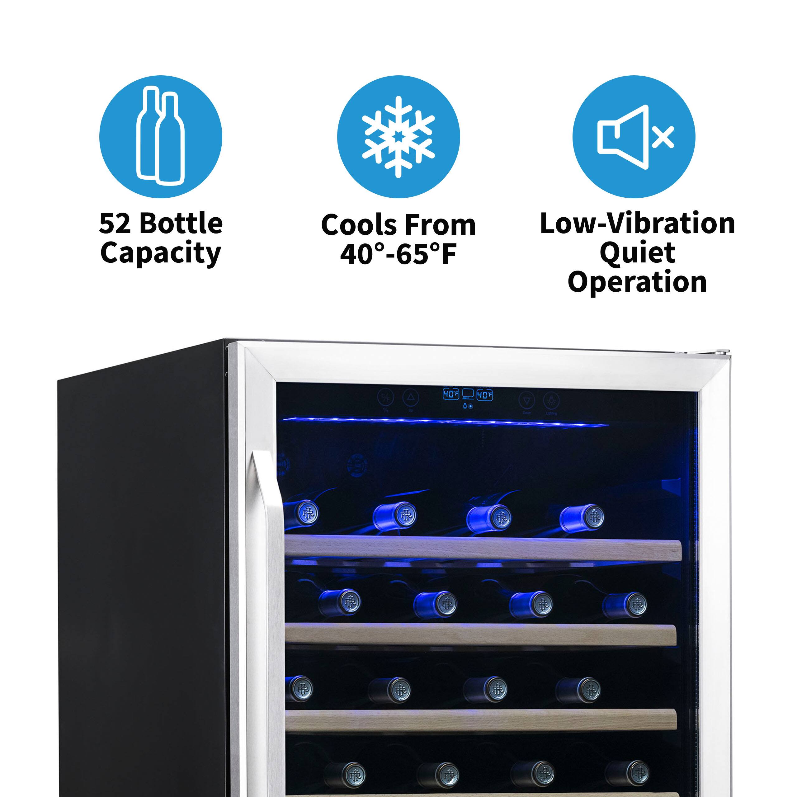 The text on the image reads: "X 52 Bottle Capacity Cools From Low-Vibration 40-65F Quiet Operation."