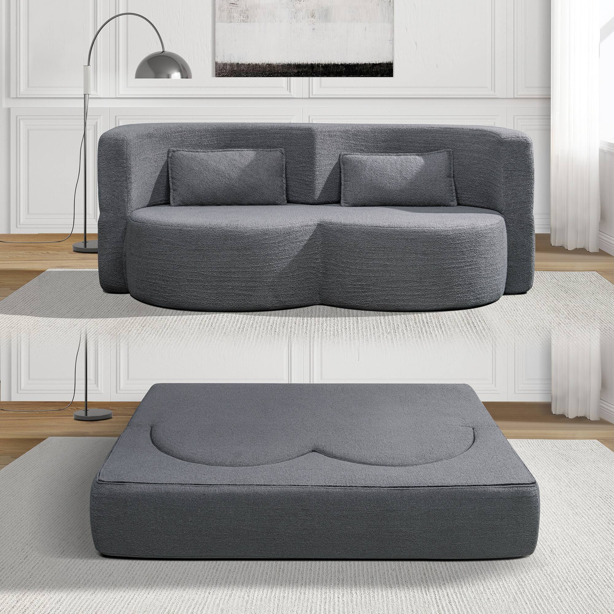 Back. GOODSILO - Convertible Teddy Fabric Folding Sofa Bed - Multi-Functional Floor Sleeper Futon for Compact Living Spaces - Dark Grey.