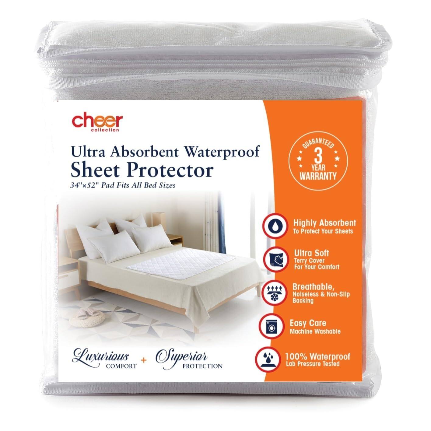 cheer collection Ultra Absorbent Waterproof Sheet Protector 34"x52" Pad Fits All Bed Sizes

GUARANTEED 3 YEAR WARRANTY

Highly Absorbent To Protect Your Sheets

Ultra Soft Terry Cover For Your Comfort

Breathable, Noiseless & Non-Slip Backing

Easy Care Machine Washable

Luxurious COMFORT + Superior PROTECTION

100% Waterproof Lab Pressure Tested