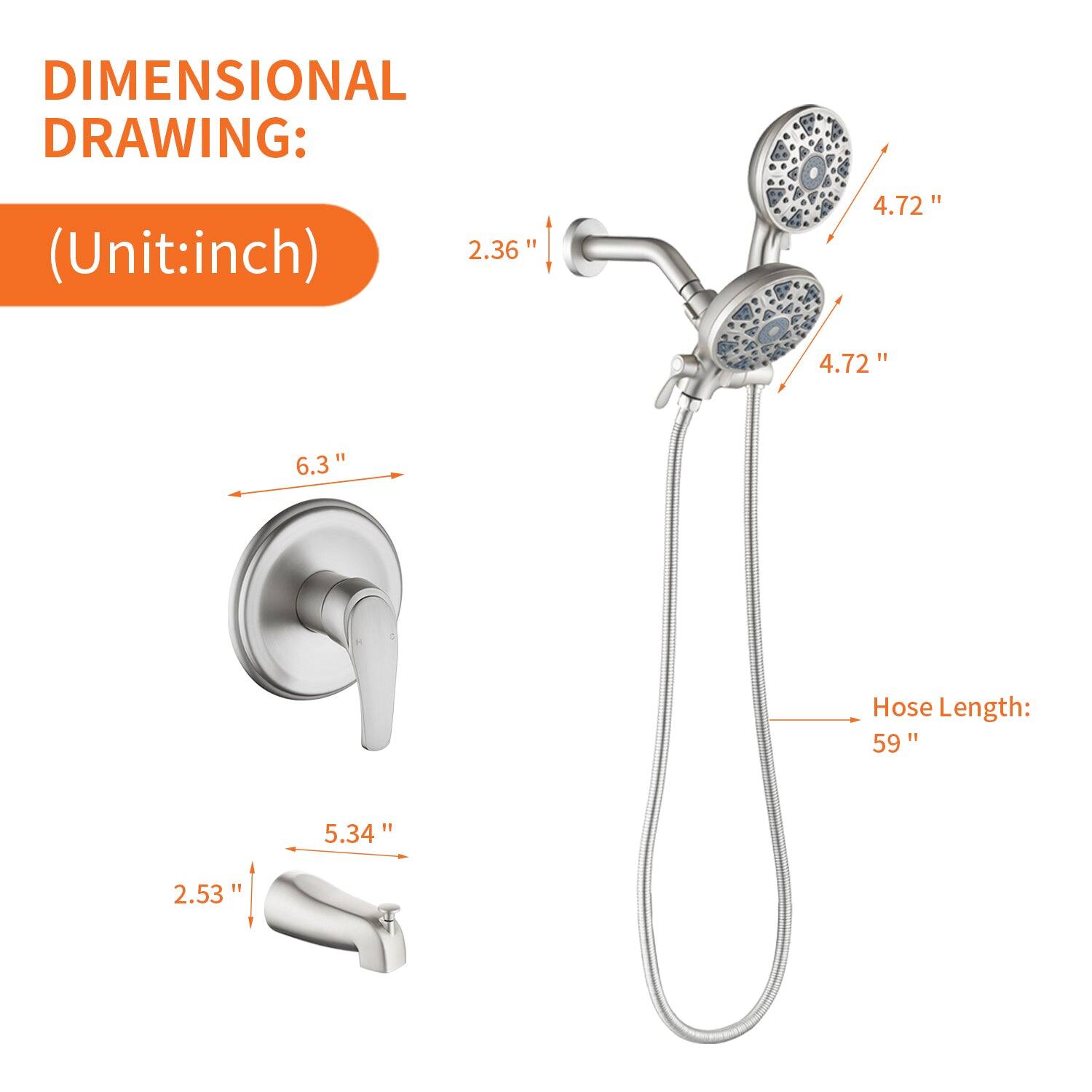 DIMENSIONAL DRAWING:  
(Unit: inch)  

- 2.36"  
- 4.72"  
- 4.72"  
- 6.3"  
- 5.34"  
- 2.53"  
- Hose Length: 59"