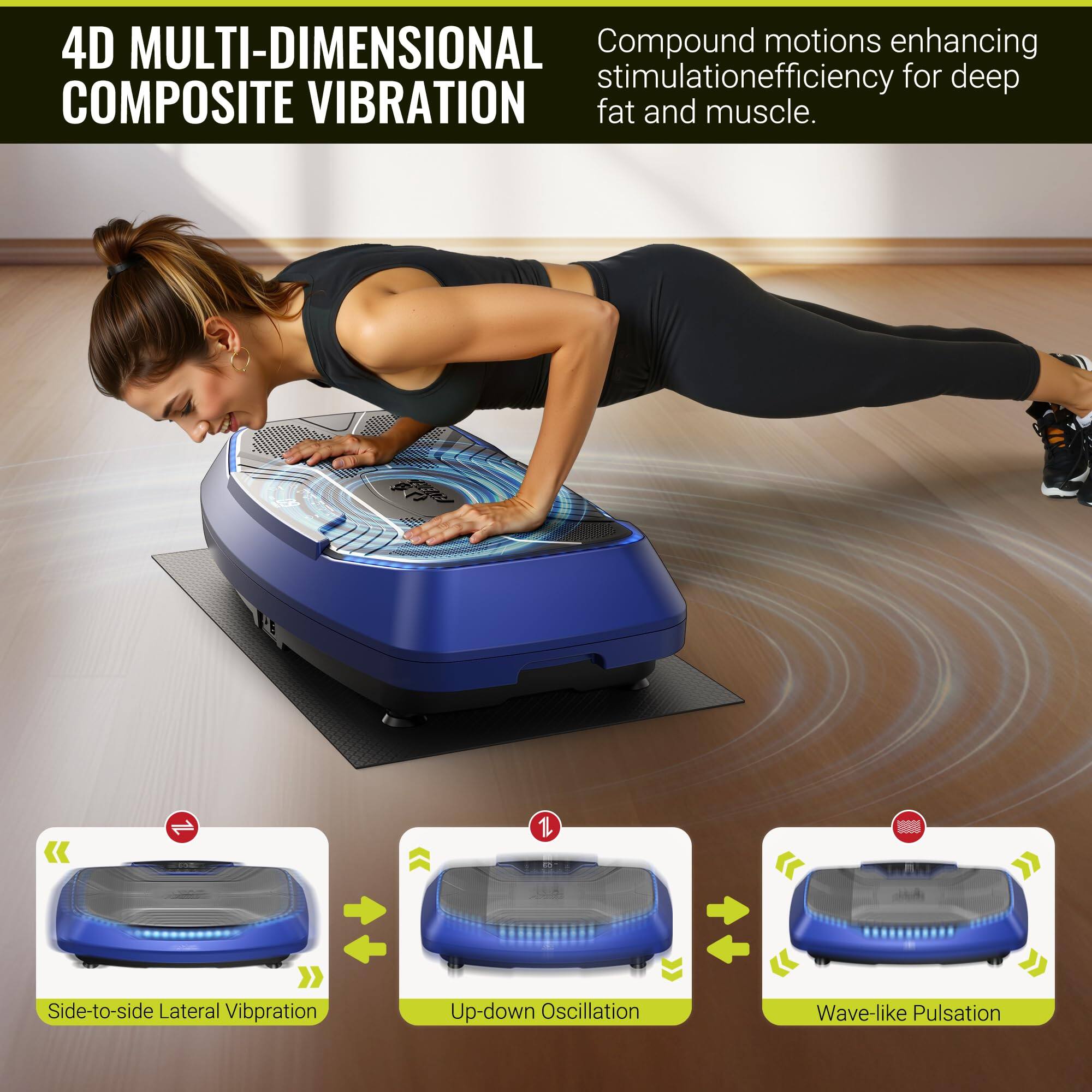4D MULTI-DIMENSIONAL COMPOSITE VIBRATION

Compound motions enhancing stimulation efficiency for deep fat and muscle.

1. Side-to-side Lateral Vibration
2. Up-down Oscillation
3. Wave-like Pulsation